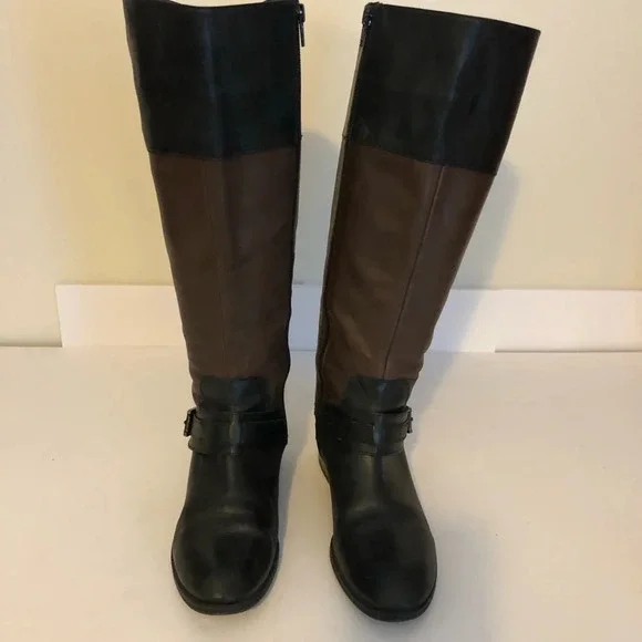 Lauren Ralph Lauren 7B Two Tone Brown and Black Leather Riding Boots Womens - Picture 2 of 14